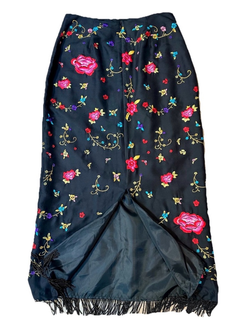 Vintage 90’s CLIO Silk Maxi Skirt 4 Black Floral Embroidered Fringe Whimsy Fairy - Picture 4 of 9